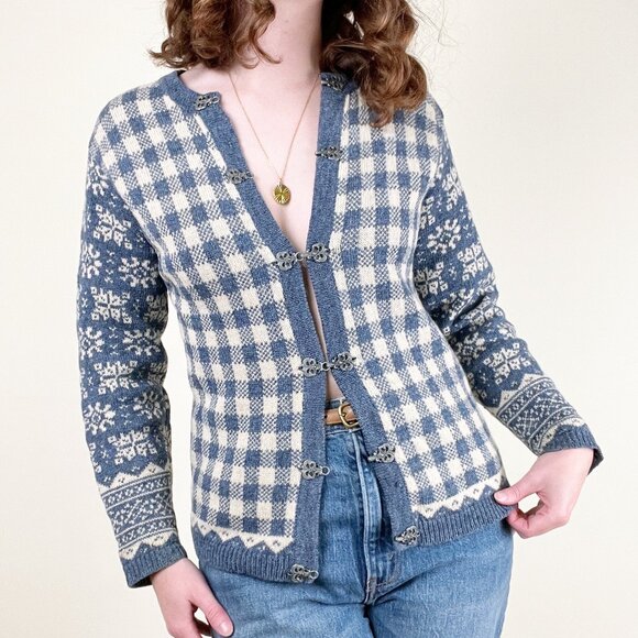 Vintage Fair Isle Scandinavian Plaid Knit Cardigan Sweater Christmas Winter Fall - Picture 1 of 8